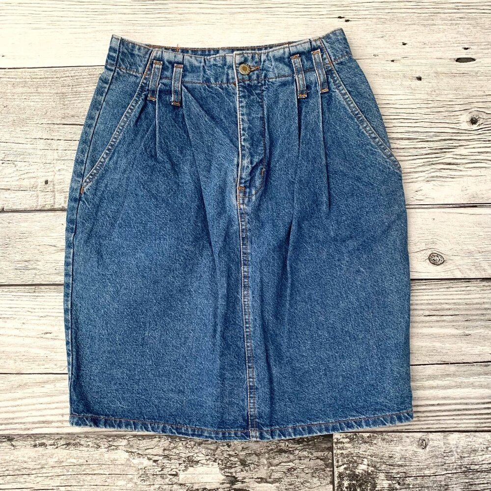 Vintage 80s 90s Hollywood Stonewash Denim Pleated Jean Pencil Skirt - Picture 1 of 12